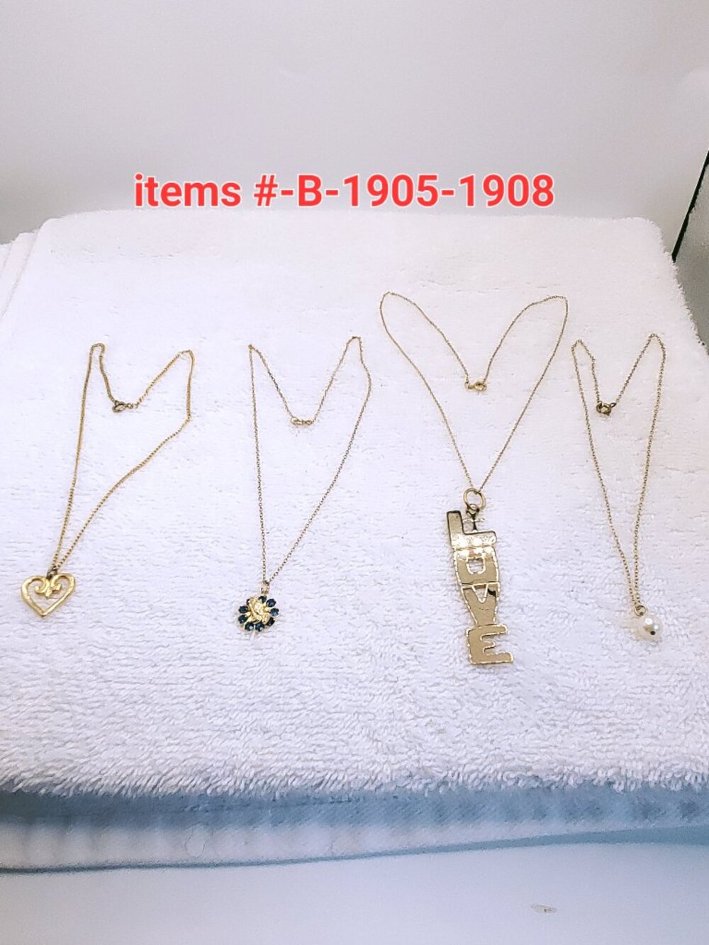 4 Gold Chain Necklaces w/s Pendants, items # B-1905- 1908, . wt. 15 grams.